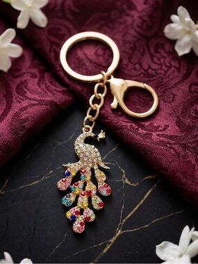 Gold Tone Multi Color Rhinestone Peacock Keychain Charm Luxury Bag Charm 4”x1”